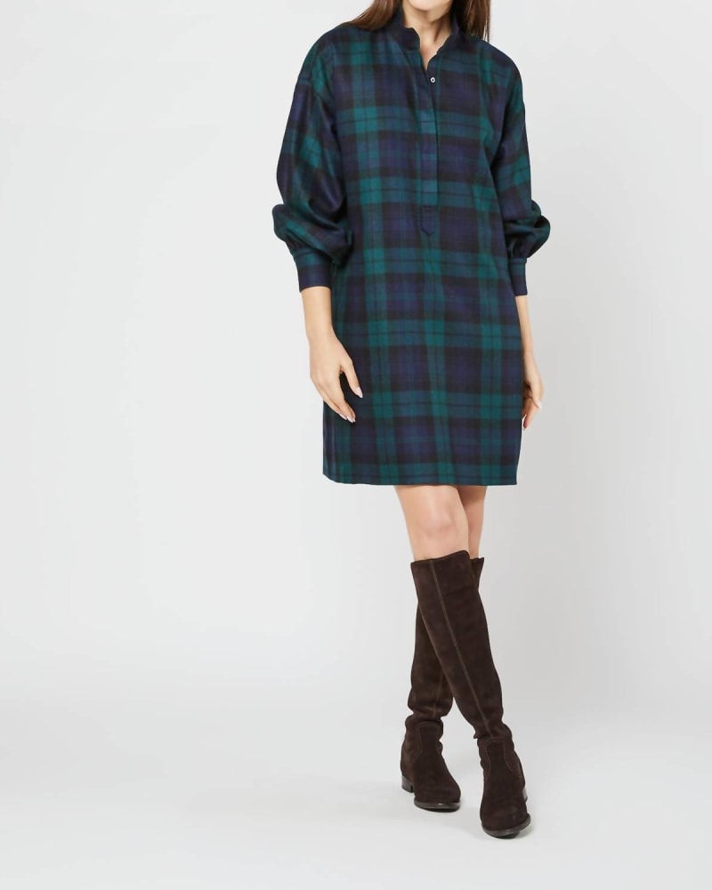 Front of a model wearing a size L Anaya Popover Dress In Blackwatch Wool Tartan in Blackwatch Wool Tartan by Ann Mashburn. | dia_product_style_image_id:347497
